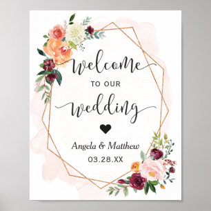 Modern Gold Frame Floral Wedding Welcome Sign