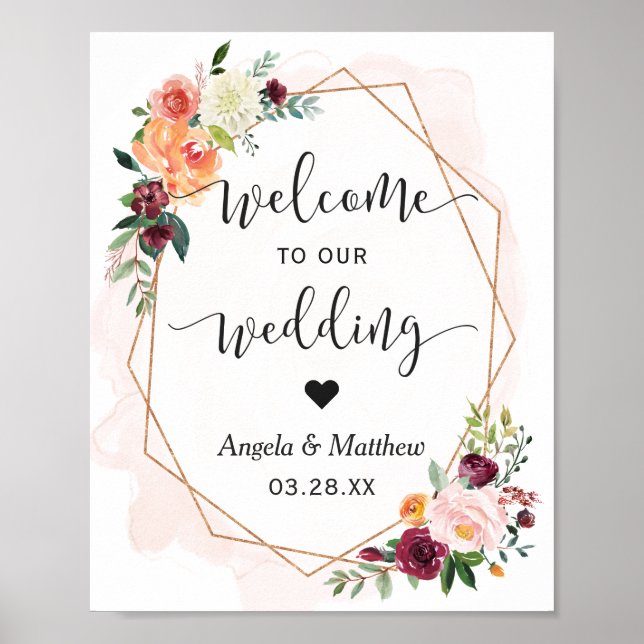 Modern Gold Frame Floral Wedding Welcome Sign (Front)