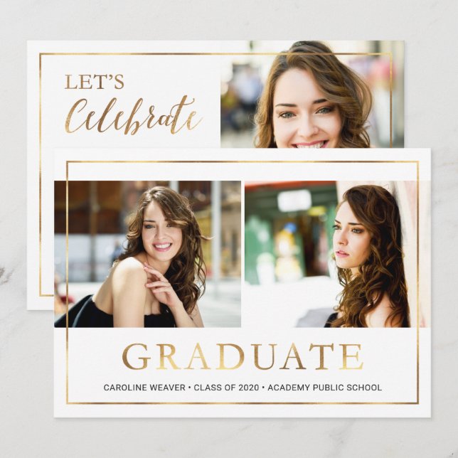 Modern Gold Frame Photo Collage Graduation Party Invitation (Front/Back)
