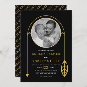 Modern gold frame with leaf and photo wedding invitation