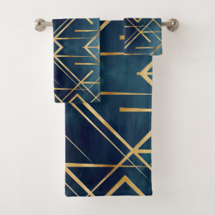 Modern Gold Geometric Blue Design Bath Towel Set