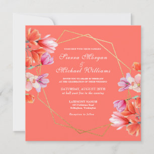 Modern Gold Geometric Coral Floral Wedding Invitation