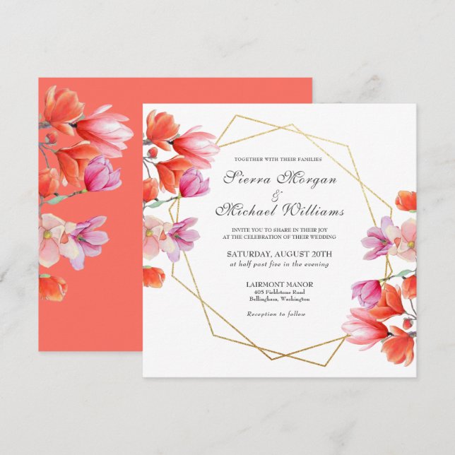Modern Gold Geometric Coral White Floral Wedding Invitation (Front/Back)
