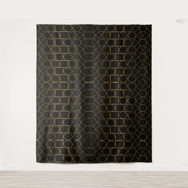 Modern Gold Geometric Line Pattern on Black Tapestry (Front)