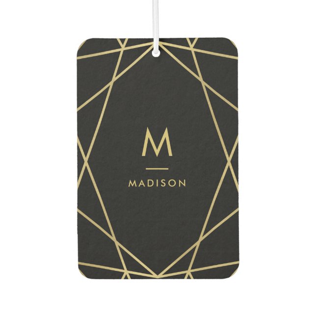 Modern Gold Geometric Pattern on Black | Monogram Air Freshener (Front)