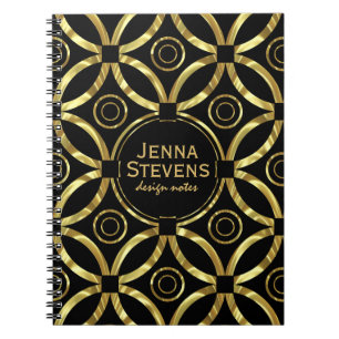 Modern Gold Geometric Pattern On Black Notebook