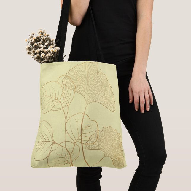 Modern Gold Gingko Leaves Tote Bag (Close Up)