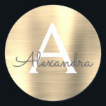 Modern Gold Girly Metallic Monogram Classic Round Sticker<br><div class="desc">Modern Gold Faux Girly Metallic Stainless Steel Foil Elegant Sticker. This sticker can be customized to include your initial and first name for a gift package.</div>