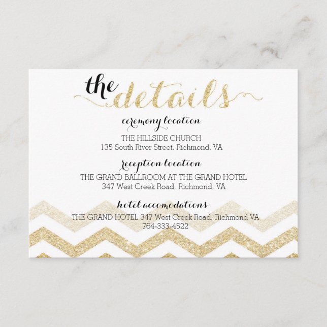 Modern Gold Glamour Chevron Information Card (Front)