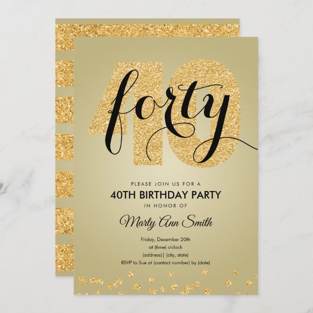 Modern Gold Glitter 40th Birthday Party Invitation (Front/Back)