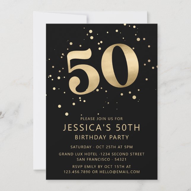 Modern Gold Glitter 50th Fifty Birthday | Black  Invitation (Front)
