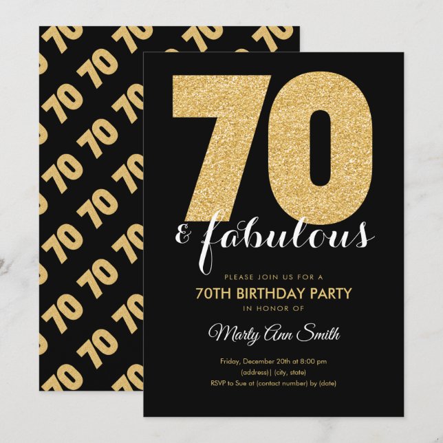 Modern Gold Glitter 70 & Fabulous Birthday Party Invitation (Front/Back)
