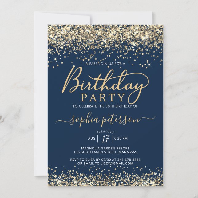 Modern Gold Glitter and Navy Blue Any Age Birthday Invitation (Front)