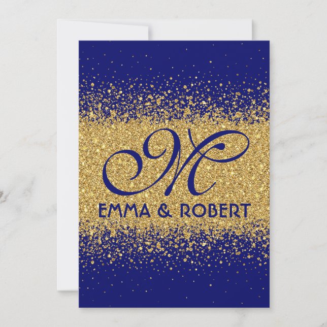 Modern Gold Glitter and Royal Blue Invitation (Front)