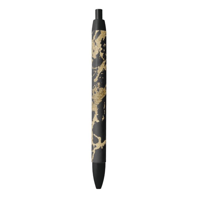 Modern Gold Glitter Black Marble Black Ink Pen (Front Vertical)