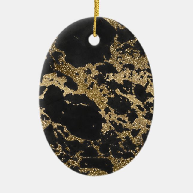 Modern Gold Glitter Black Marble Ceramic Ornament (Front)