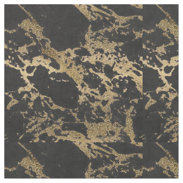 Modern Gold Glitter Black Marble Fabric (Close Up)