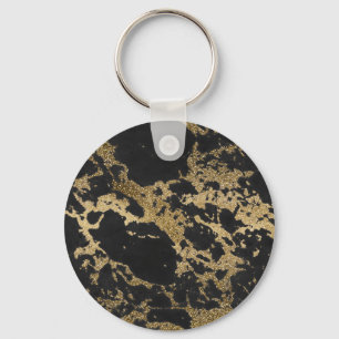 Modern Gold Glitter Black Marble Keychain