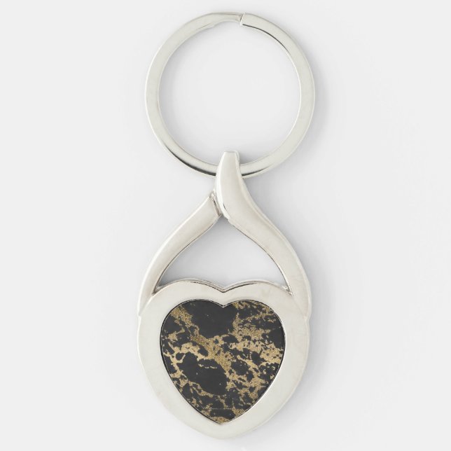 Modern Gold Glitter Black Marble Keychain (Front)