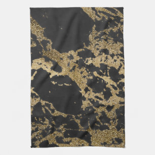 Modern Gold Glitter Black Marble Kitchen Towel