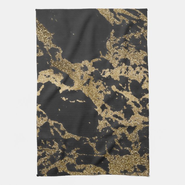 Modern Gold Glitter Black Marble Kitchen Towel (Vertical)