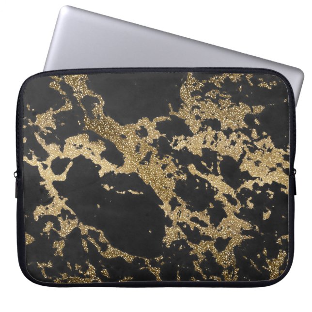 Modern Gold Glitter Black Marble Laptop Sleeve (Front)