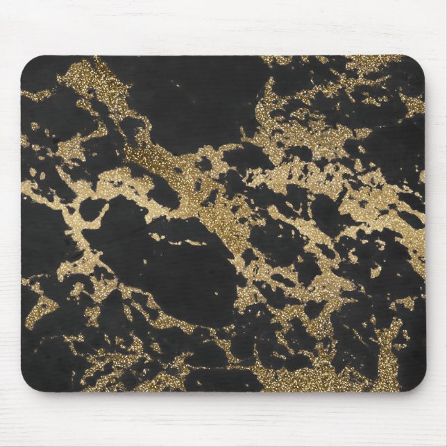 Modern Gold Glitter Black Marble Mouse Pad (Front)
