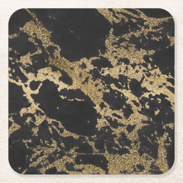 Modern Gold Glitter Black Marble Square Paper Coaster (Front)
