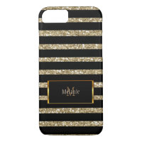 Modern gold glitter black stripes monogram name