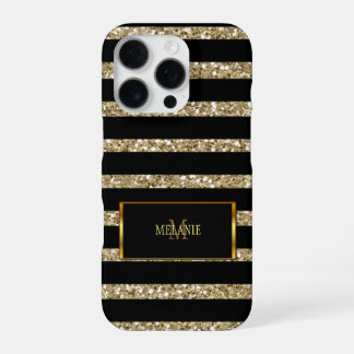 Modern gold glitter black stripes monogram name iPhone 16 pro case