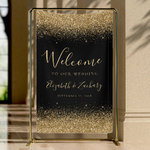 Modern Gold Glitter Black Wedding Welcome Banner