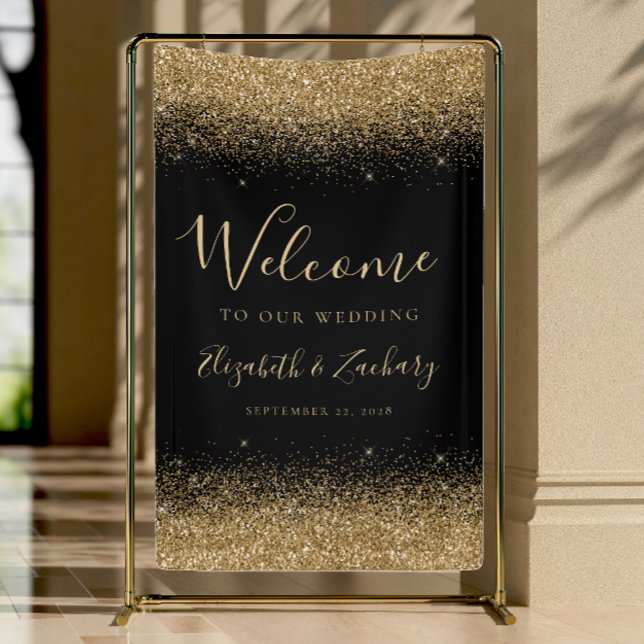 Modern Gold Glitter Black Wedding Welcome Banner (Creator Uploaded)