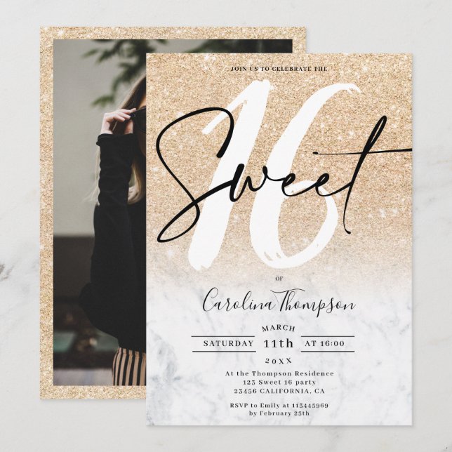 Modern gold glitter border marble photo Sweet 16 Invitation (Front/Back)