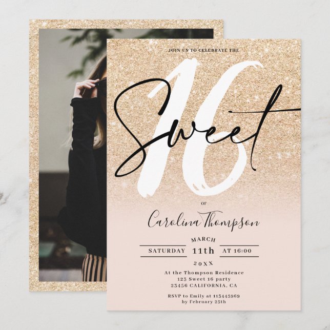 Modern gold glitter border script photo Sweet 16 Invitation (Front/Back)