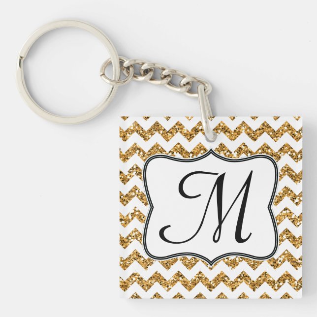 Modern Gold Glitter Chevron Zig Zag Key Chain (Front)