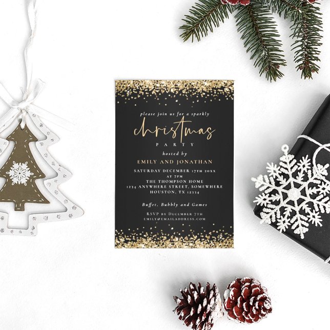 Modern Gold Glitter Christmas Party Black Invitation (Creator Uploaded)