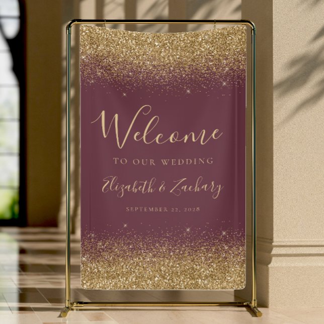 Modern Gold Glitter Dark Burgundy Wedding Welcome Banner (Creator Uploaded)
