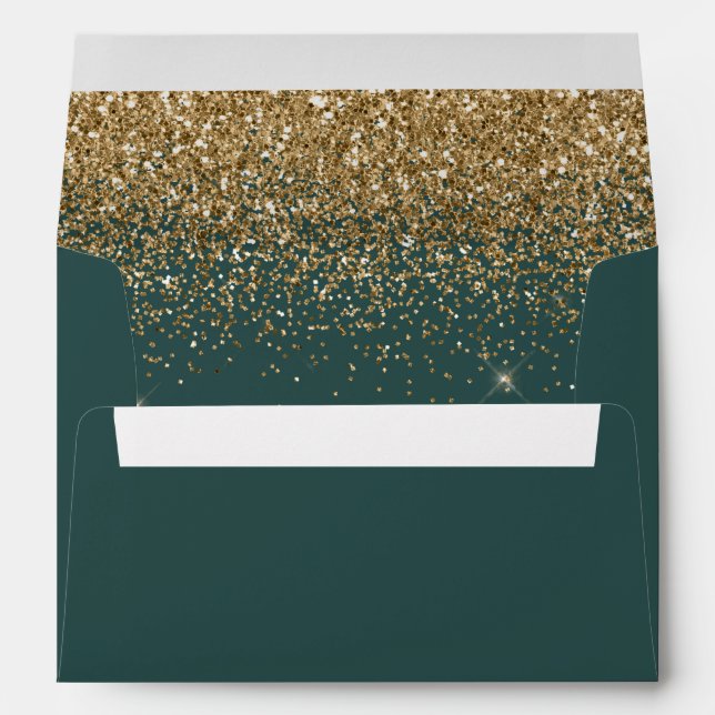 Modern Gold Glitter Dark Green Wedding Envelope (Back (Bottom))