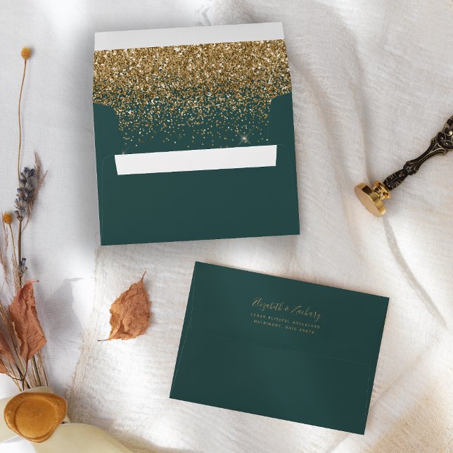 Modern Gold Glitter Dark Green Wedding Envelope (Creator Uploaded)
