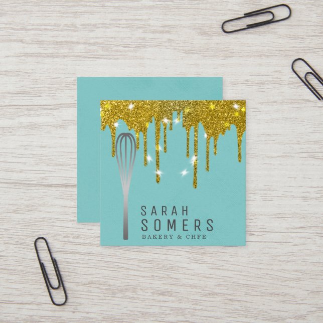 Modern Gold Glitter Drip Whisk Bakery Square Business Card (Front/Back In Situ)