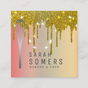 Modern Gold Glitter Drip Whisk Bakery Square Business Card