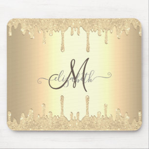 Modern Gold Glitter Drips Gold Monogram Mouse Pad
