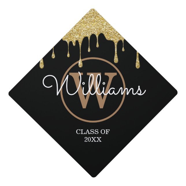 Modern Gold Glitter Drips Monogram Script Name Graduation Cap Topper (Front)