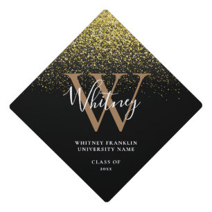Modern Gold Glitter Elegant Script Monogram Graduation Cap Topper