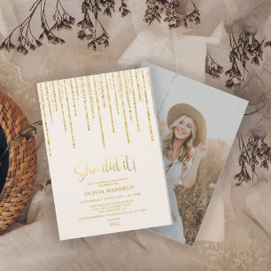 Modern Gold Glitter Grad Party Photo Invitation