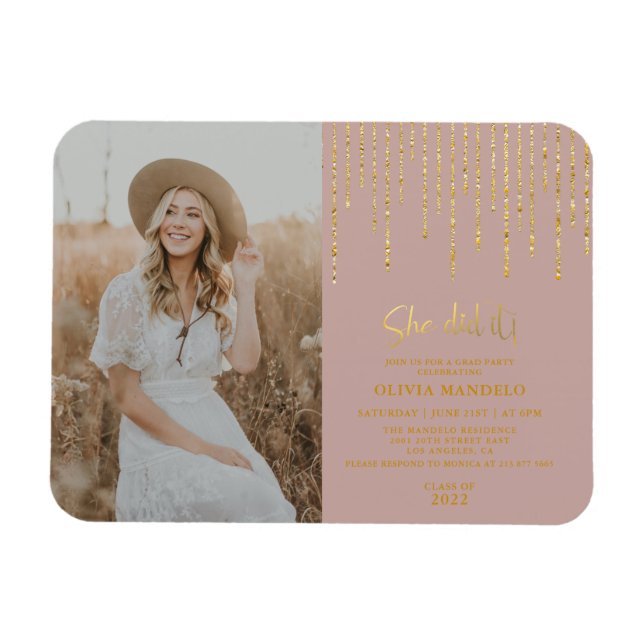 Modern Gold Glitter Grad Party Photo Invitation  Magnet (Horizontal)