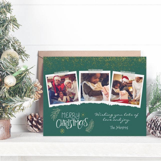 Modern Gold Glitter Green Merry Christmas 3 Photos Holiday Card (Creator Uploaded)