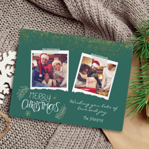 Modern Gold Glitter Green Merry Christmas Photo Holiday Card
