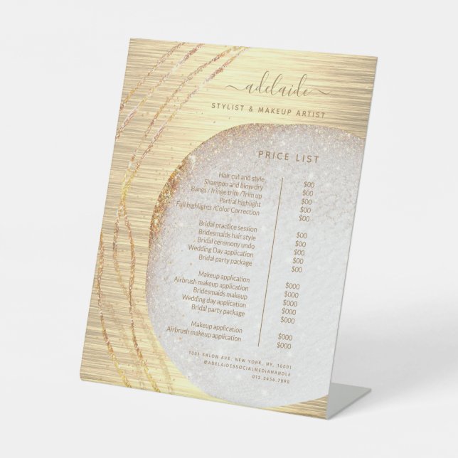 Modern Gold Glitter Hair Stylist Salon Price List  Pedestal Sign (Front)