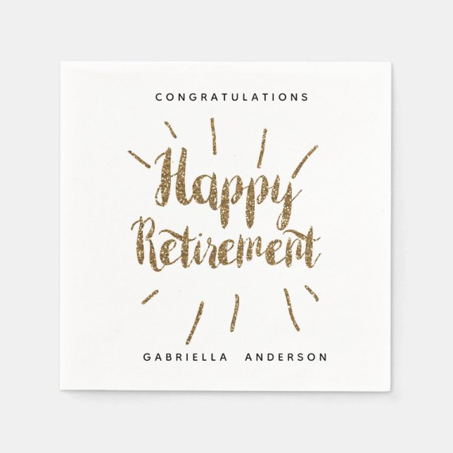 Modern Gold Glitter Happy Retirement Napkin (Front)